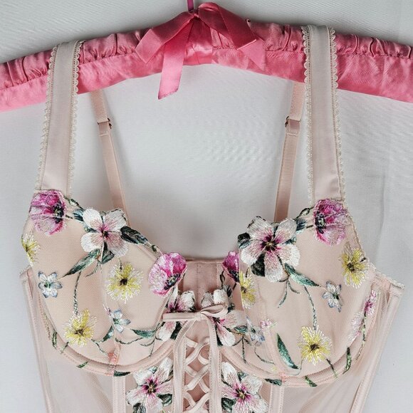 Victorias Secret Floral Embroidery Mesh Bustier Corset Size Medium Pink - Picture 3 of 11